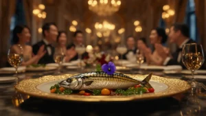 Prato requintado de cavala servido num restaurante de luxo, com convidados elegantes ao fundo