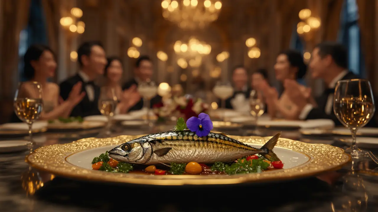 Prato requintado de cavala servido num restaurante de luxo, com convidados elegantes ao fundo