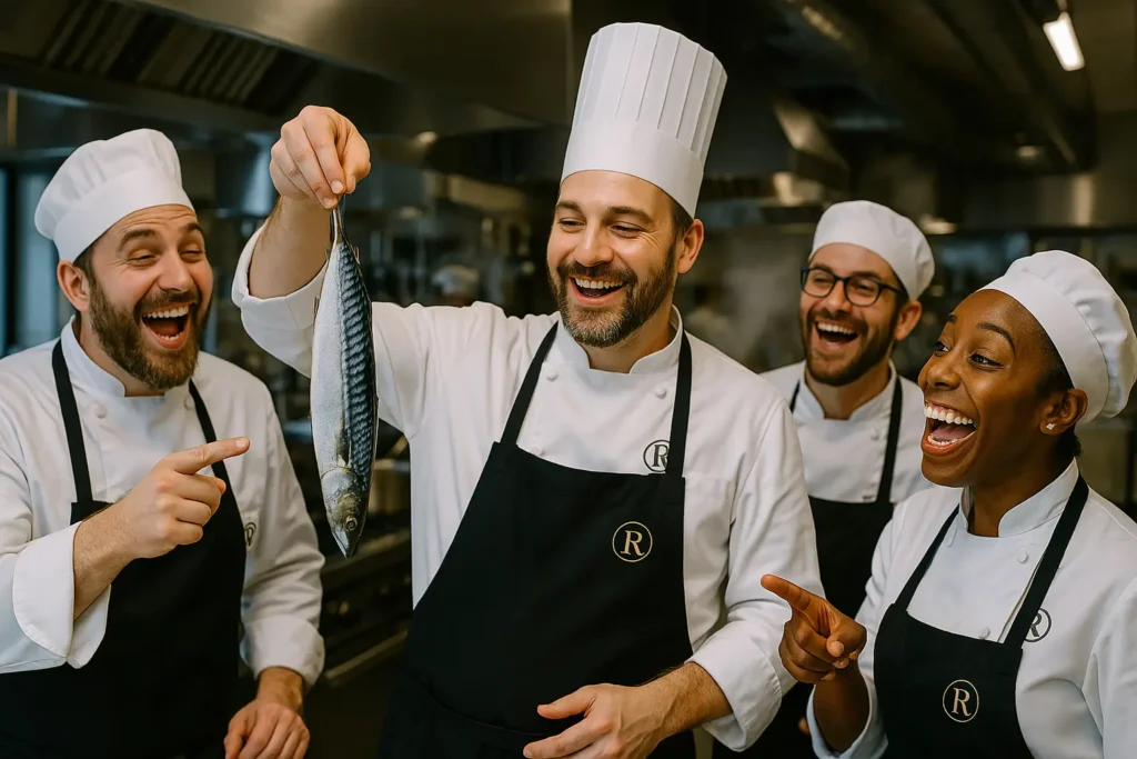 Grupo de chefs a rir enquanto seguram uma cavala, num ambiente de cozinha gourmet moderna