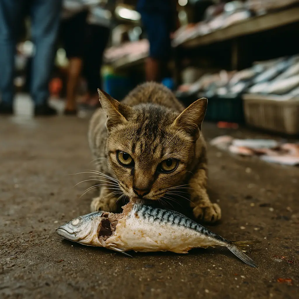 Gato a comer cavala num mercado tradicional português, símbolo irónico da antiga reputação do peixe