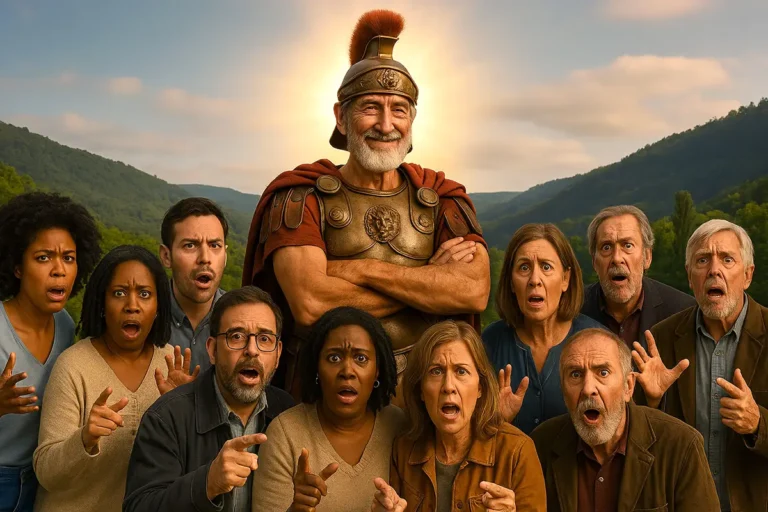 General romano Quinto Sertório posa confiante com braços cruzados, rodeado por cidadãos modernos em estado de choque e confusão, num contraste satírico entre autoridade clássica e desgovernação contemporânea.