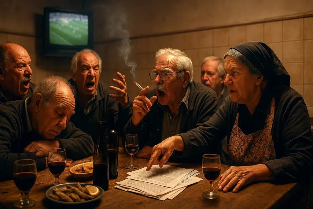 Grupo de idosos portugueses a discutir com paixão numa tasca, rodeados de copos de vinho e papéis, com futebol a passar na televisão ao fundo.