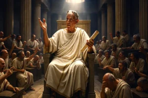 Marcelo Rebelo de Sousa retratado como imperador romano, sentado em trono no meio de uma sessão caótica do Conselho de Estado, rodeado por conselheiros trajados como senadores da Roma Antiga.