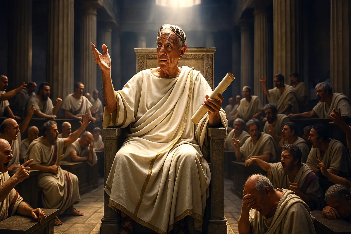 Marcelo Rebelo de Sousa retratado como imperador romano, sentado em trono no meio de uma sessão caótica do Conselho de Estado, rodeado por conselheiros trajados como senadores da Roma Antiga.