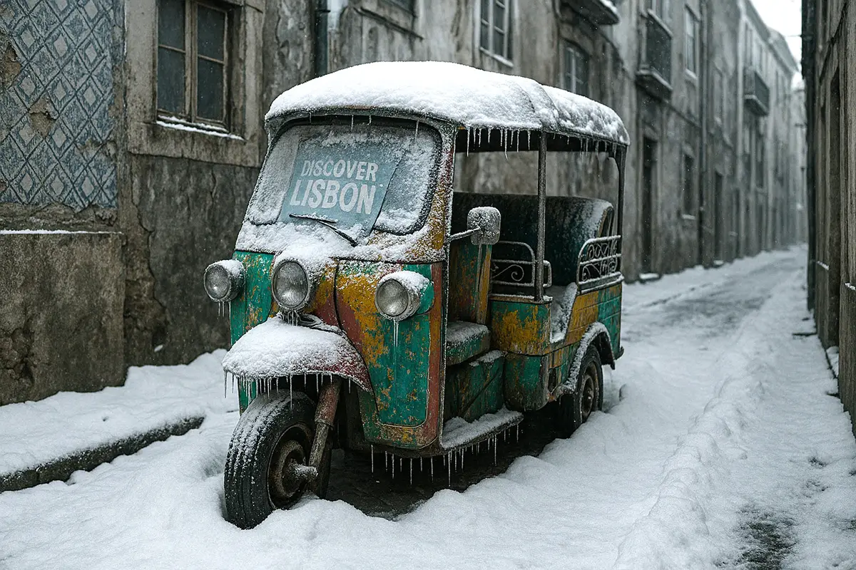 Tuk tuk coberto de neve numa rua estreita de Lisboa, simbolizando o colapso do turismo num cenário onde Portugal perde o seu clima ameno.