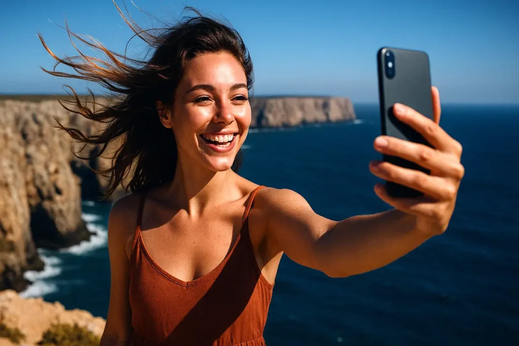 Rapariga tira uma selfie sorridente na Ponta de Sagres, com o cabelo ao vento e o oceano Atlântico ao fundo, num dia de céu limpo.
