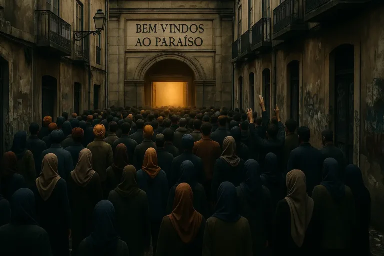 Multidão de imigrantes avança por rua antiga em direção a um arco iluminado com a inscrição “Bem-vindos ao Paraíso”.