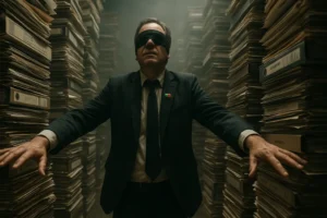 Homem vendado tenta navegar num labirinto de dossiês e documentos do governo português, simbolizando a desorientação e a burocracia estatal.