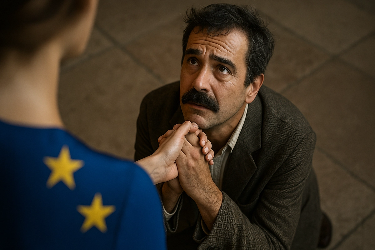 Homem ajoelhado a segurar a mão de uma figura com estrelas da bandeira da UE