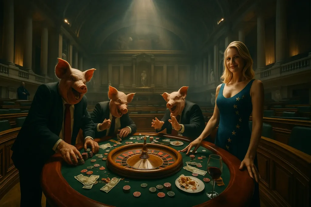 Cena satírica dentro do Parlamento Português, onde políticos com cabeças de porco jogam à roleta num cenário de decadência, simbolizando corrupção, ganância e colapso democrático em Portugal.