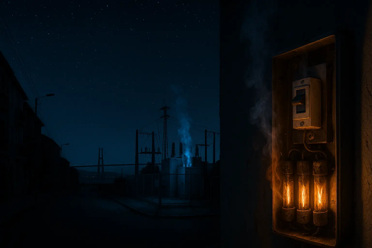 Painel elétrico com disjuntores fumegantes durante um apagão em Portugal, com central elétrica ao fundo e céu estrelado.