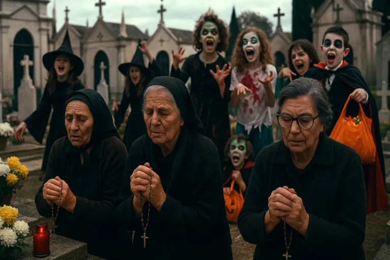 Idosas rezam em cemitério português enquanto crianças mascaradas de Halloween dançam ao fundo