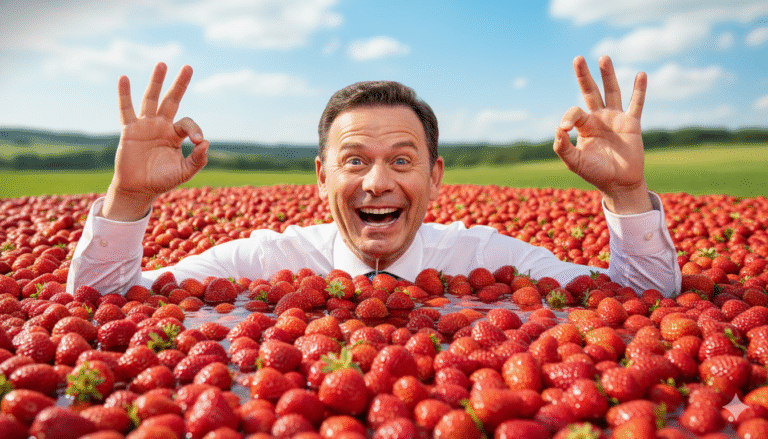 Primeiro Ministro de Portugal a sorrir com os braços erguidos, submerso num mar de morangos, com expressão alegre e mãos a sinalizar "OK". Fundo de campo verde com céu azul e nuvens. Contraste entre abundância agrícola e figura simbólica do empreendedor.
