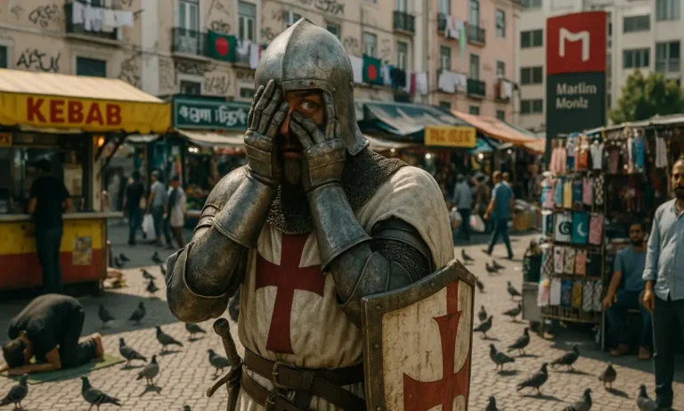 Cavaleiro medieval português com armadura completa tapa os olhos com horror enquanto espreita entre os dedos, no centro de Lisboa, cercado por vendedores de kebabs, sinais em bengali e muçulmanos a rezar.