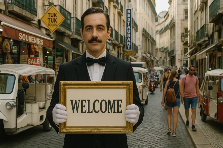 Homem vestido de mordomo segurando uma moldura com “Welcome” numa rua turística de Lisboa cheia de tuk-tuks, letreiros em inglês e turistas.