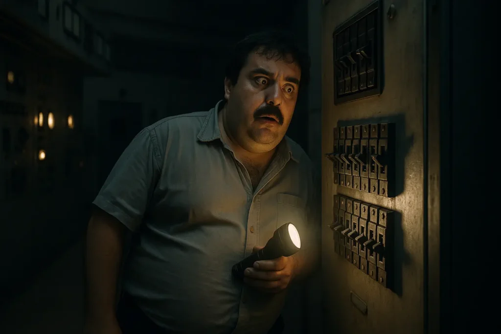 Técnico com expressão de espanto tenta repor energia numa barragem, iluminando o quadro elétrico com uma lanterna durante um apagão.