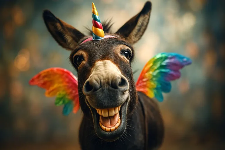 Burro com expressão sorridente, disfarçado de unicórnio com chifre colorido e asas de arco-íris.
