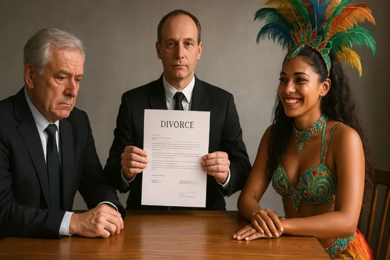 Homem mais velho e sério, representando Portugal, sentado ao lado de uma jovem brasileira sorridente vestida com traje de Carnaval, enquanto um juiz apresenta os papéis de divórcio entre ambos.