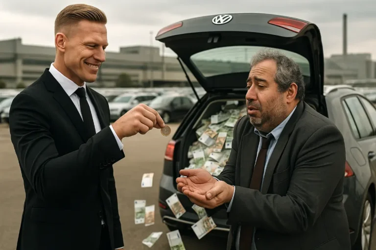 Executivo alemão entrega uma moeda de 1 euro a um ministro português de expressão submissa, com um carro da Volkswagen cheio de notas a rebentar pela bagageira.