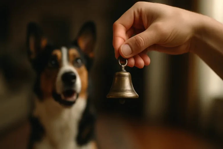 Mão humana segura um sino metálico pequeno em primeiro plano, com um cão sentado ao fundo a olhar atentamente para o sino, ilustrando o conceito de condicionamento comportamental.
