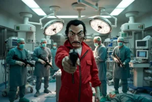 Grupo de assaltantes mascarados invadem sala de operações hospitalar, simbolizando o desmantelamento do SNS por interesses privados.