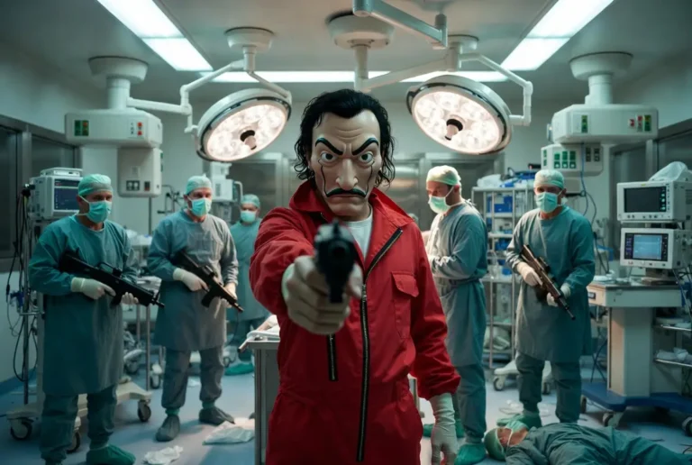 Grupo de assaltantes mascarados invadem sala de operações hospitalar, simbolizando o desmantelamento do SNS por interesses privados.