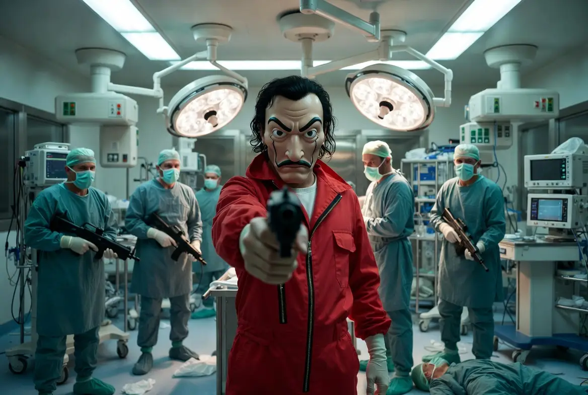 Grupo de assaltantes mascarados invadem sala de operações hospitalar, simbolizando o desmantelamento do SNS por interesses privados.
