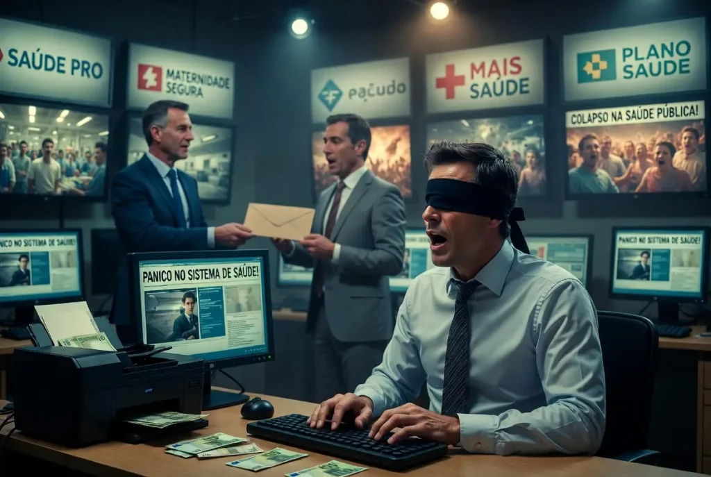 Jornalista vendado a escrever notícias alarmistas sobre o SNS, rodeado por ecrãs com logótipos de hospitais privados e figuras de fato a entregar envelopes com dinheiro.